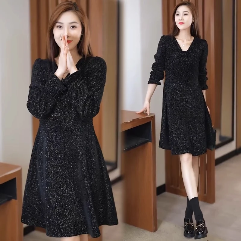 星空细闪连衣裙女2025春季时尚计感显瘦中长款气质赫本风小黑裙