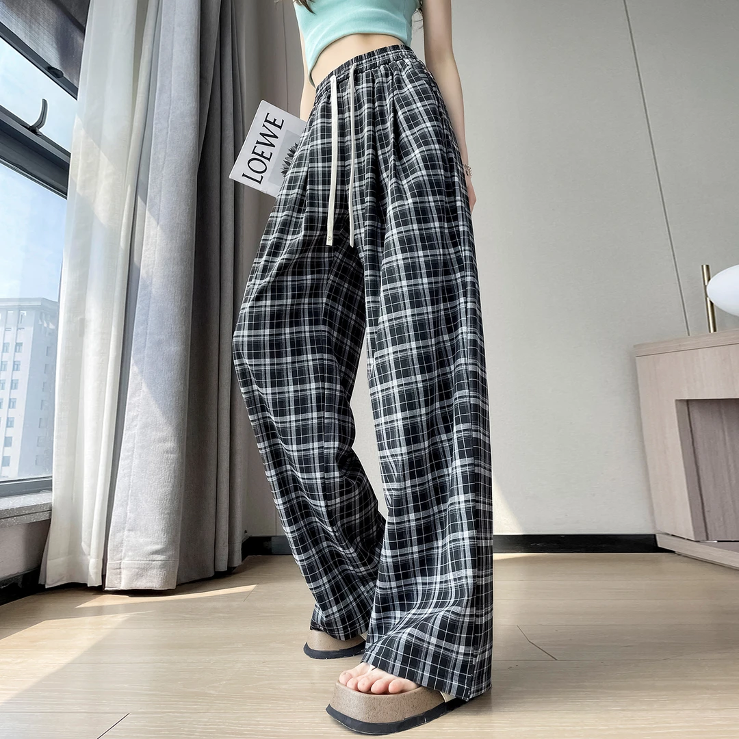 黑白复古格子高腰休闲裤女夏季新款小个子直筒慵懒风薄款阔腿长裤