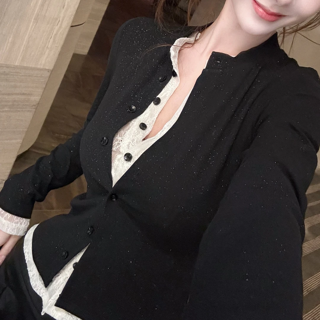 【青雾霓裳】时尚气质简约细闪撞色假两件上衣
