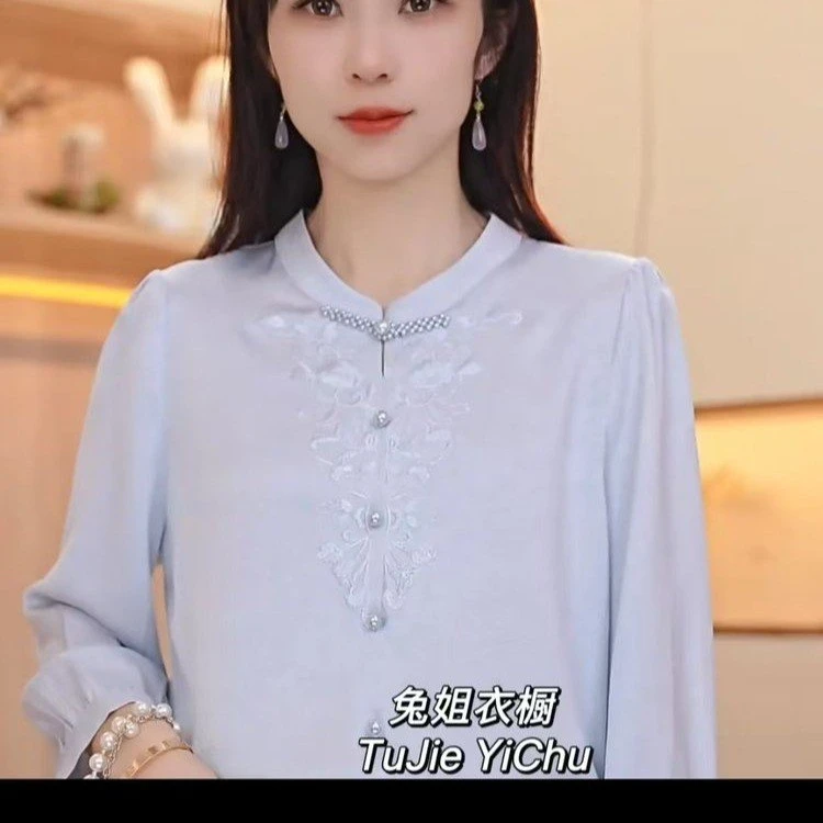 复古衬衫上衣女款甜美格子中年女装妈妈装春秋款阔太太气质装