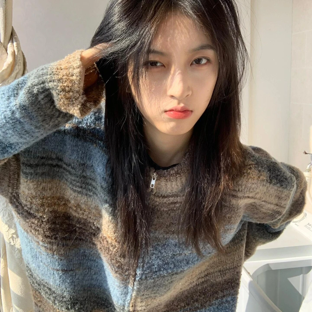 针织拉链外套美式复古女渐变开衫秋冬宽松慵懒风外穿毛衣