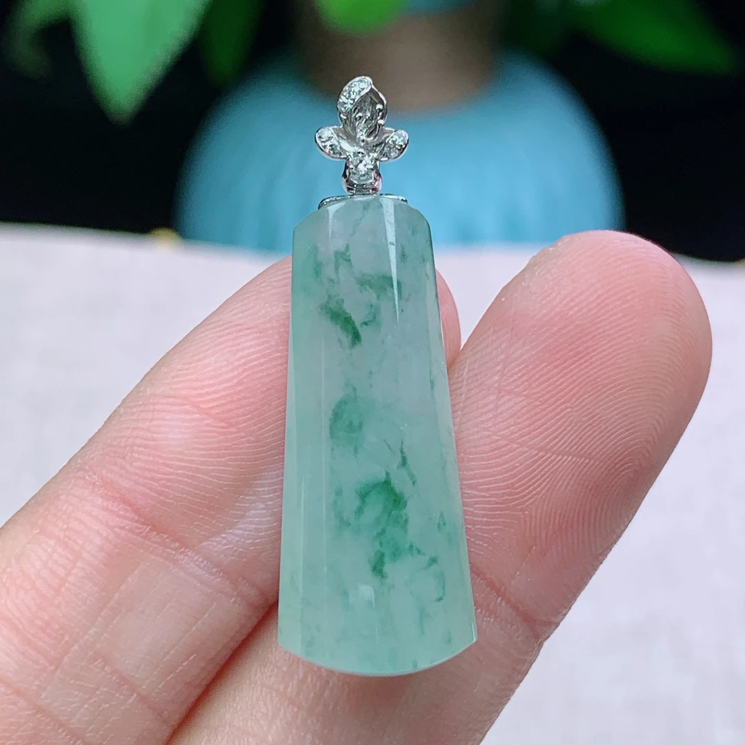 x缅甸天然翡翠A货35.2-11.8-6.5玉石老坑冰种飘花无事柱吊坠