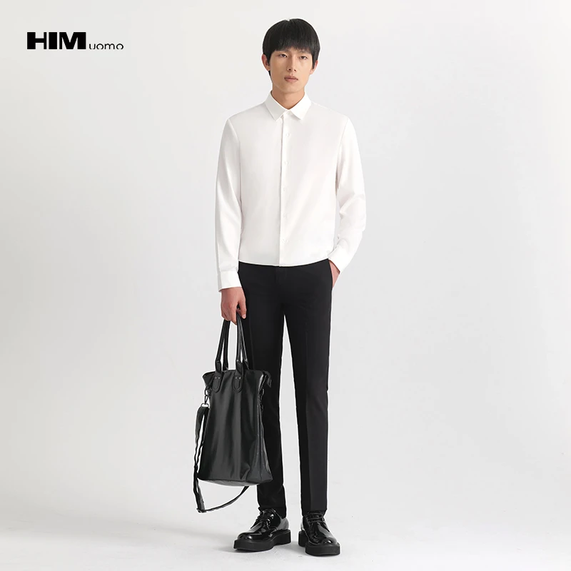 HIM漢崇 夏季长袖衬衣男士纯色时尚商务休闲抗皱免烫修身职业衬衫