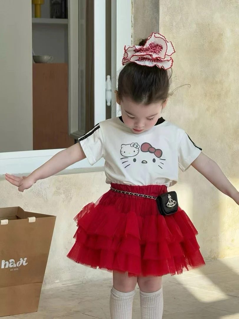 女童夏嗨咯凯蒂体恤2025新款洋气女宝宝网纱蓬蓬裙夏季公主裙套裙