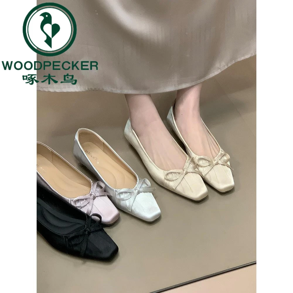 啄木鸟法式绸缎方头蝴蝶结玛丽珍鞋2025新款缎面褶皱浅口单鞋