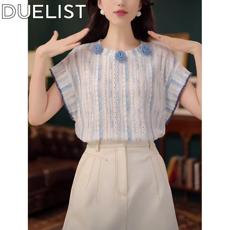 DUELIST复古短袖衬衫女夏季新款甜美时尚减龄设计感花朵蓝色上衣