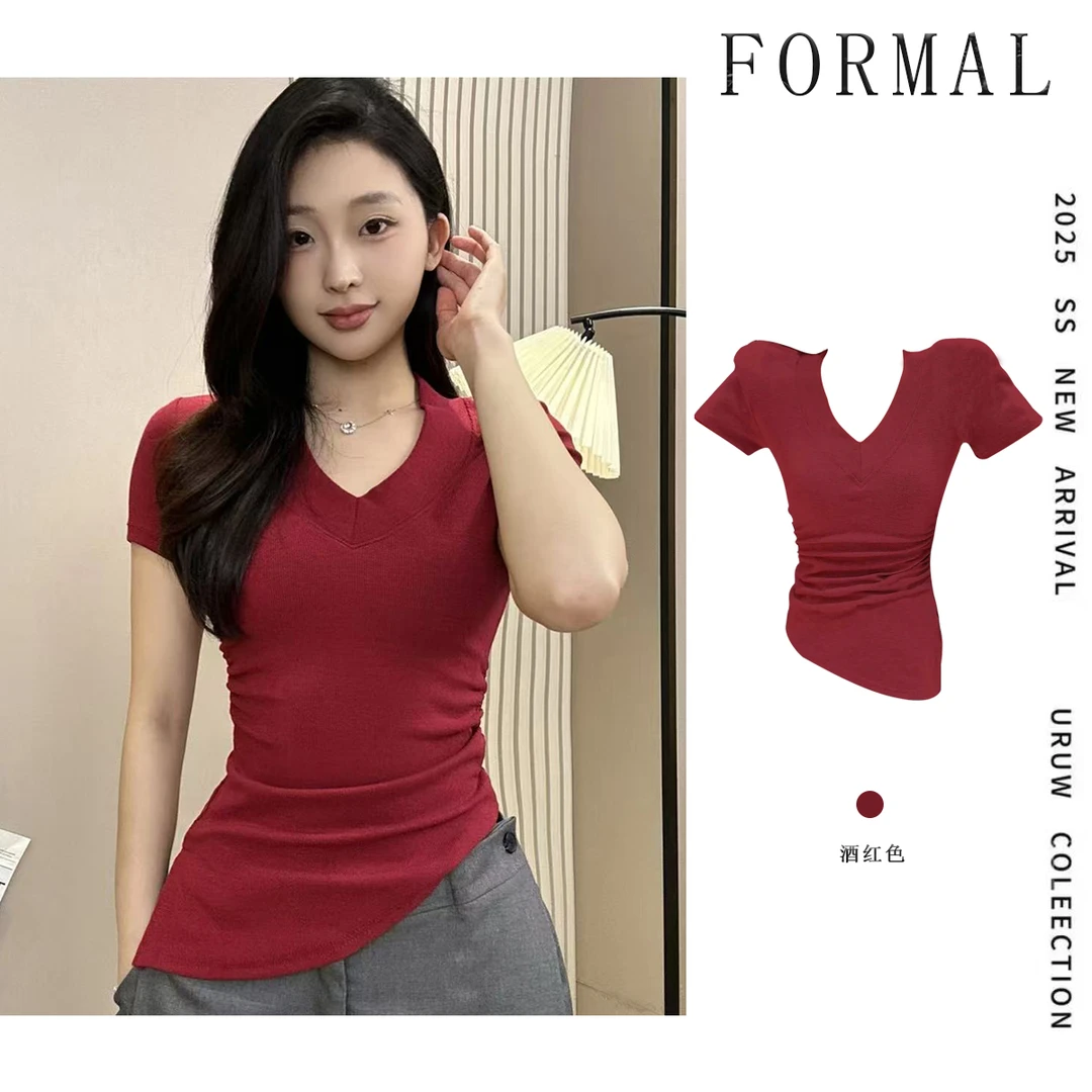 夏季新款2025正肩短袖纯色T恤女不规则下摆v领上衣收腰显瘦小清新
