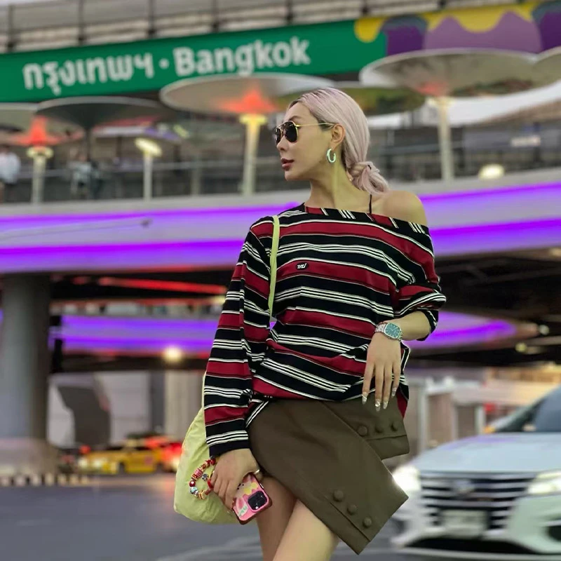 1ndwell Pity Me'-斜肩条纹长袖TEE