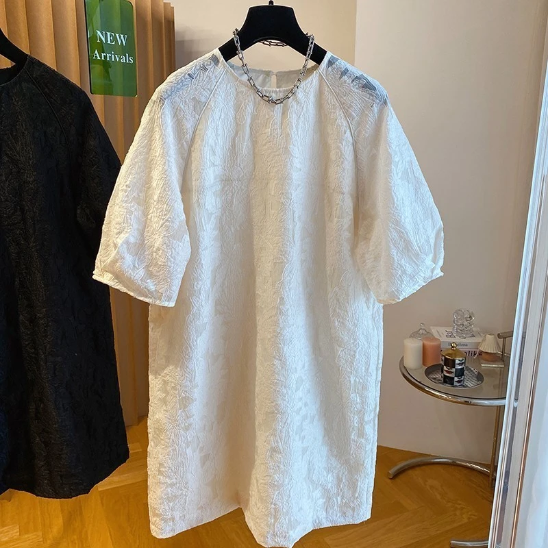 2025夏季新款宽松新中式国风提花刺绣连衣裙女洋气显瘦泡泡袖上衣