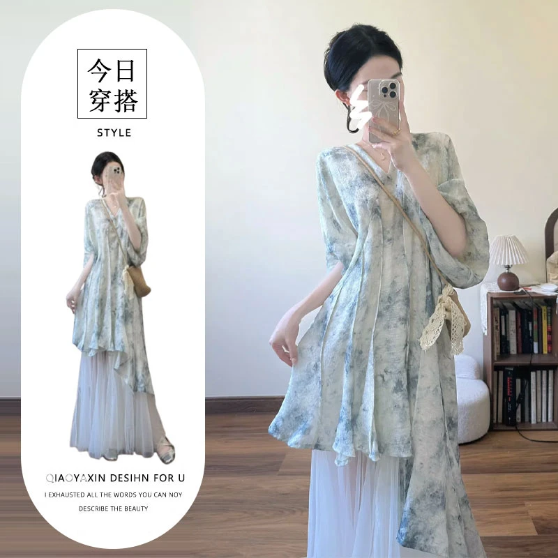 夏季新款高级感新中式国风上衣女度假风小众网纱半身裙复古两件套