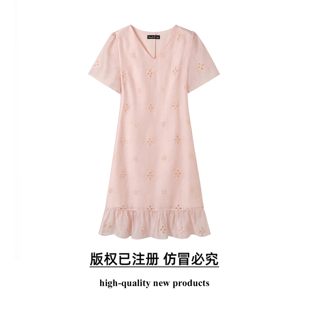 奢姿大码女装2025夏季减龄镂空荷叶摆时尚裙子胖妹妹V领连衣裙