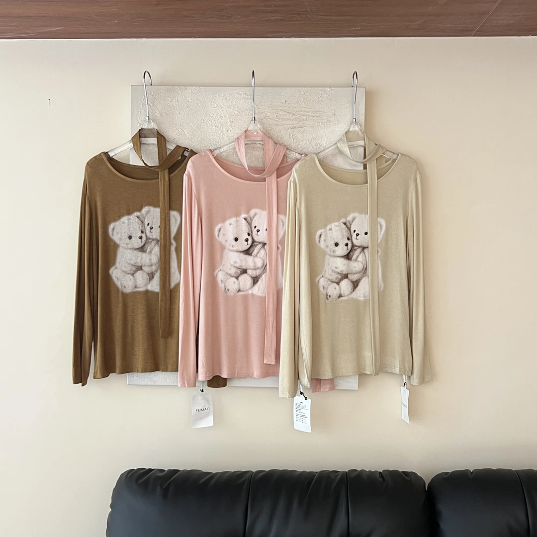 【赵小小&涂鸦小熊】7068 早秋新款小熊印花宽松围巾领长袖T恤上衣