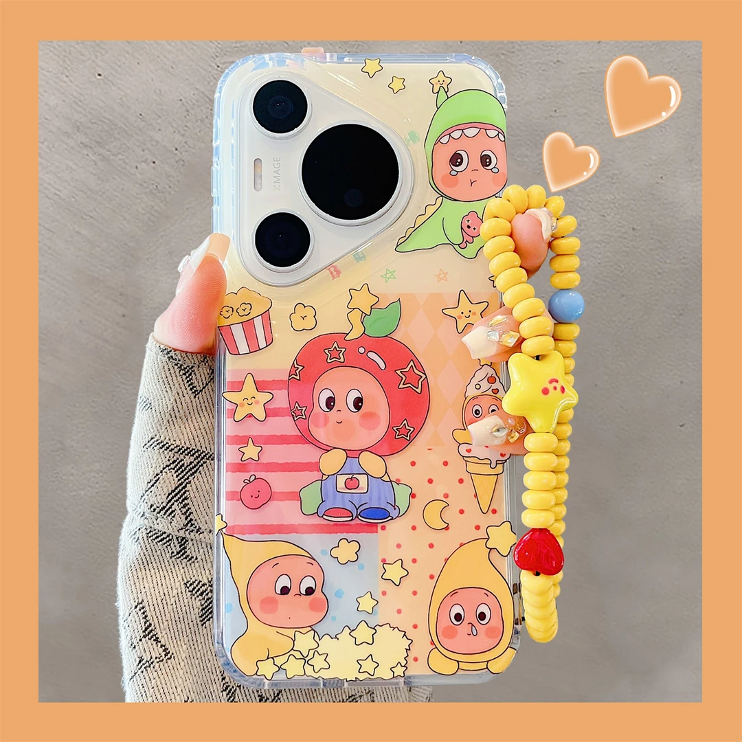 适用华为pura70pro+手机壳可爱条纹拼接苹果星星人带链条mate70女