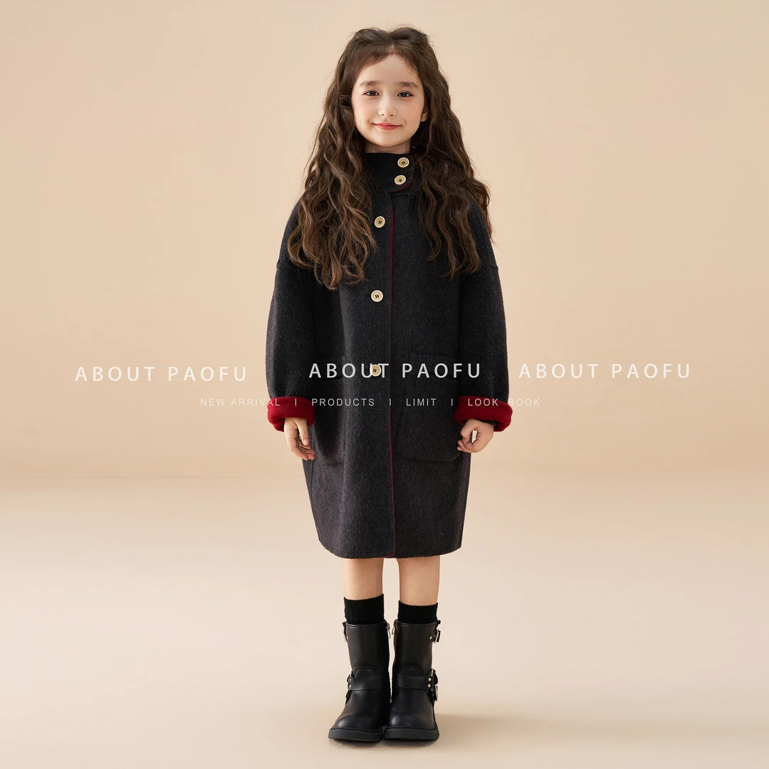 泡芙定制 红黑双面双穿 2025冬季女童纯手工绵羊毛大衣 DY241108