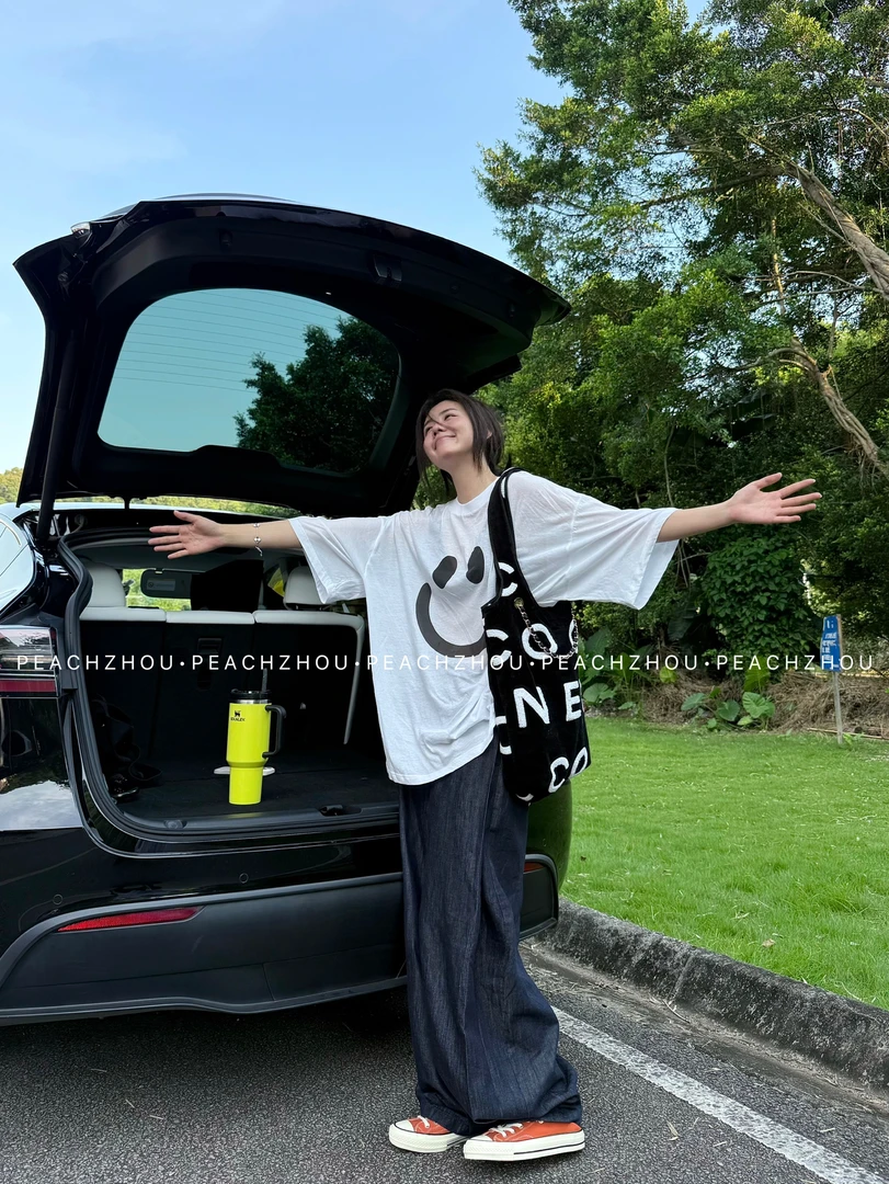 『PEACHZHOU』长绒棉笑脸印花落肩宽松圆领短袖美式休闲减龄中性T恤