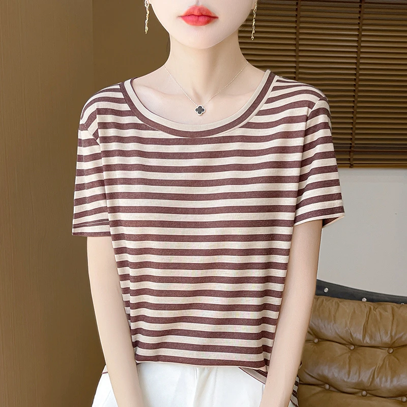 条纹短袖T恤女夏季显瘦上衣天丝圆领条纹百搭T恤