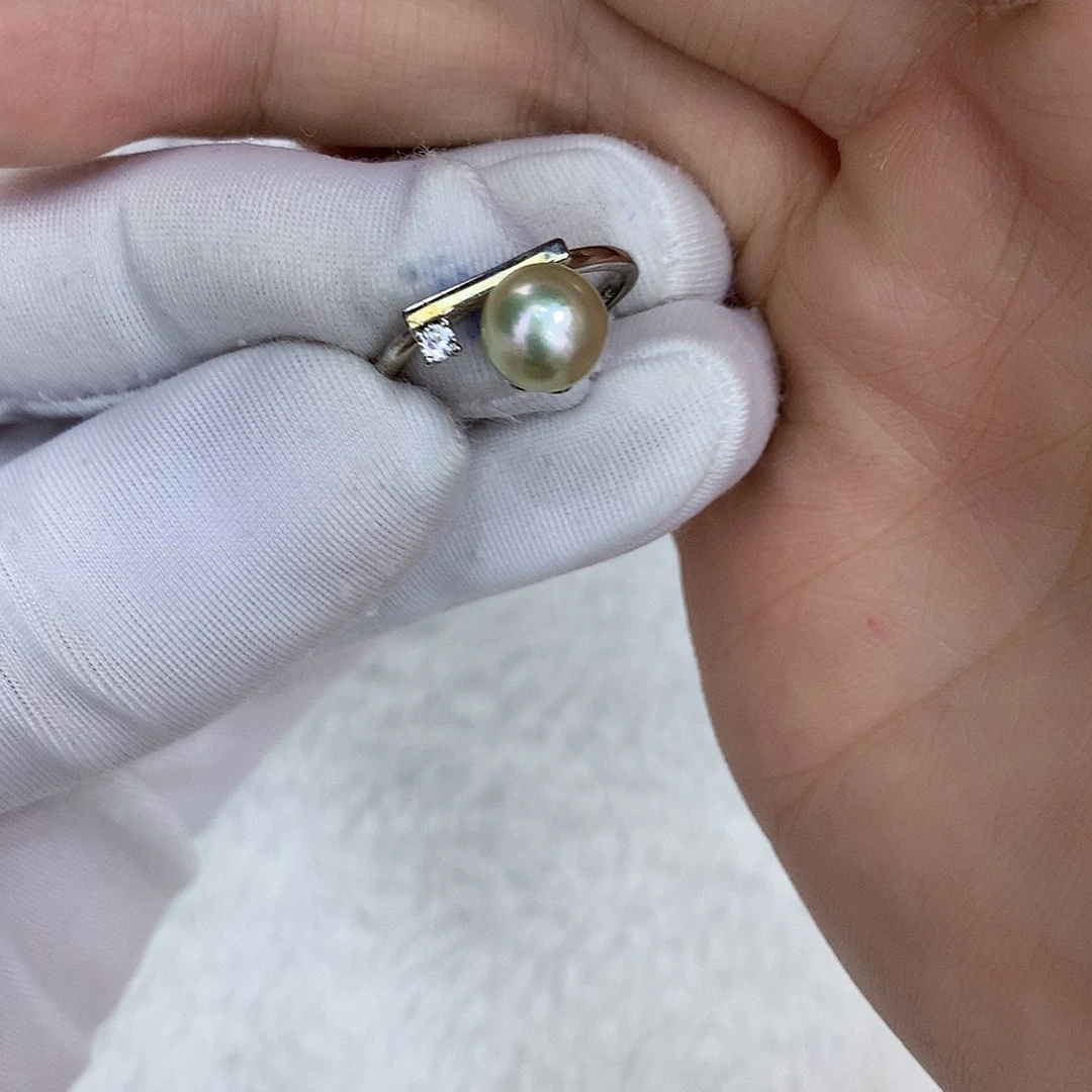 海水珍珠戒指银S925镶嵌7-8