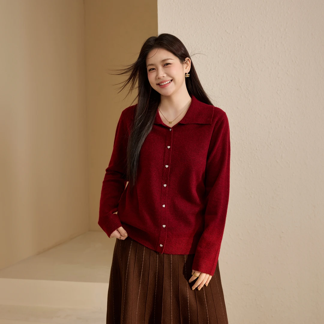 【心动】纤莉秀W大码女装流光风立领POLO领软糯小众设计毛衣QK4352