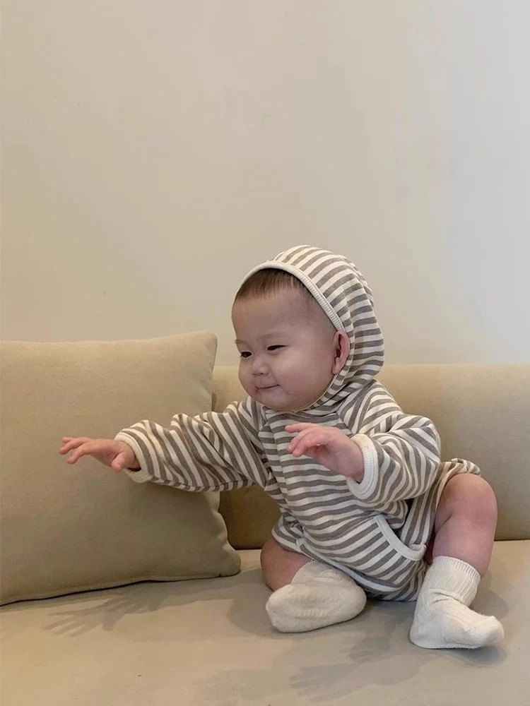 婴儿衣服韩国ins春秋外出哈衣连帽宽松连体长袖包臀宝宝爬行服