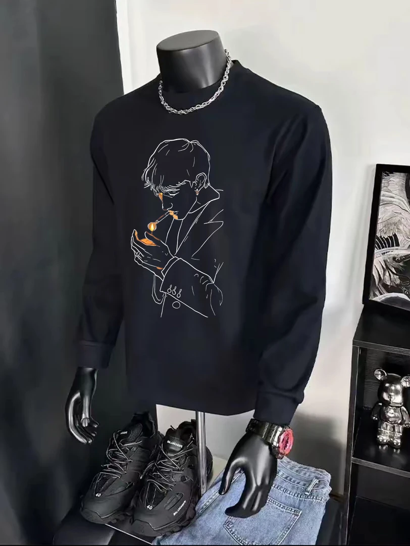 休闲重磅美式复印花宽松长袖T恤打底衫ins秋季潮流圆领百搭秋冬