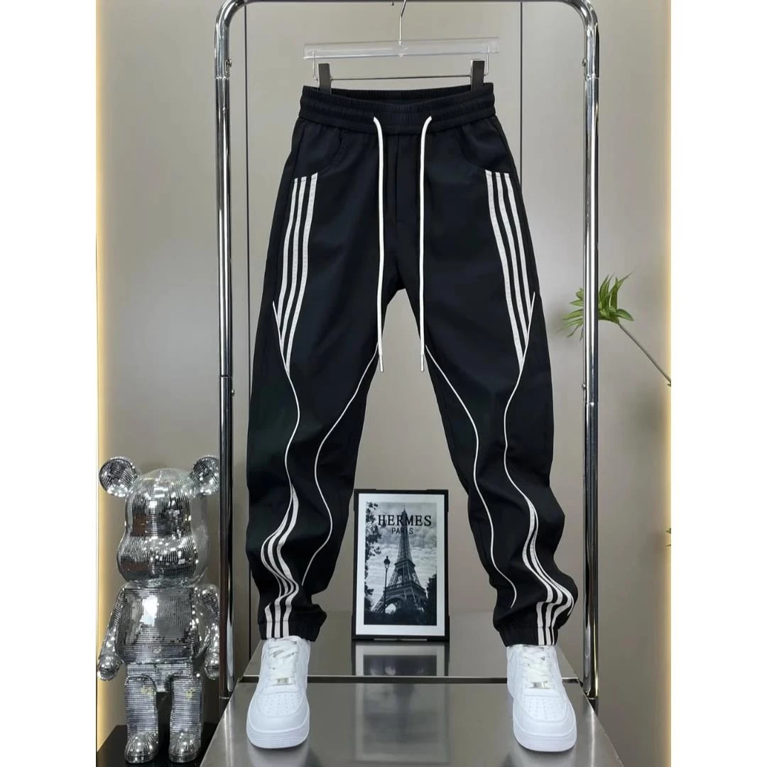 夏季新款高级感男士休闲裤青少年条纹拼接潮流运动束脚九分裤子男