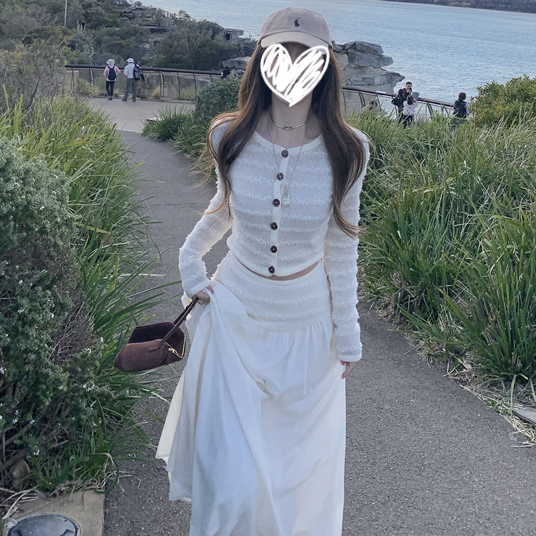 韩系气质一整套白色连衣裙子女早秋季2025新款高级感掐腰套装长裙