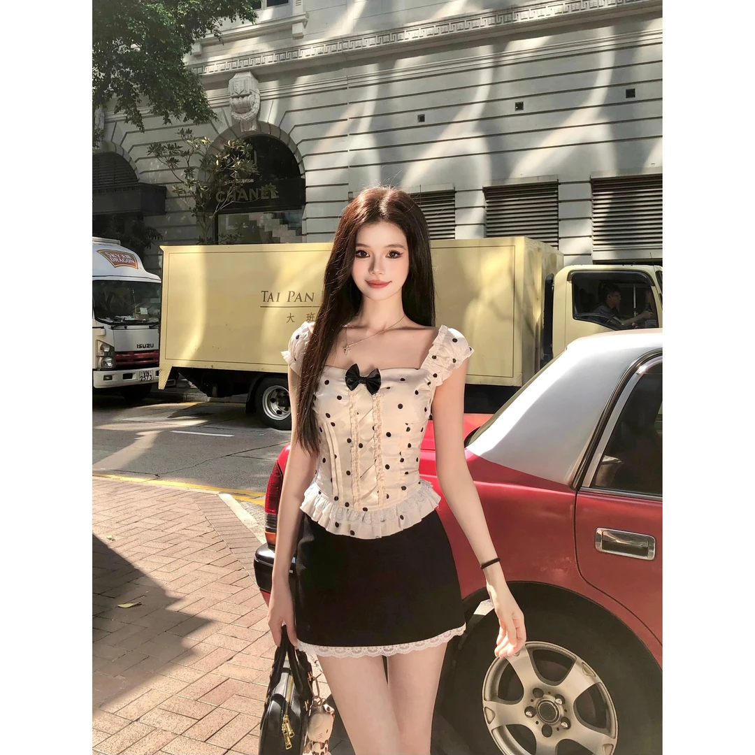 画解WAHJU【星空回忆】时尚设计感修身显瘦杏色波点上衣半裙9321W