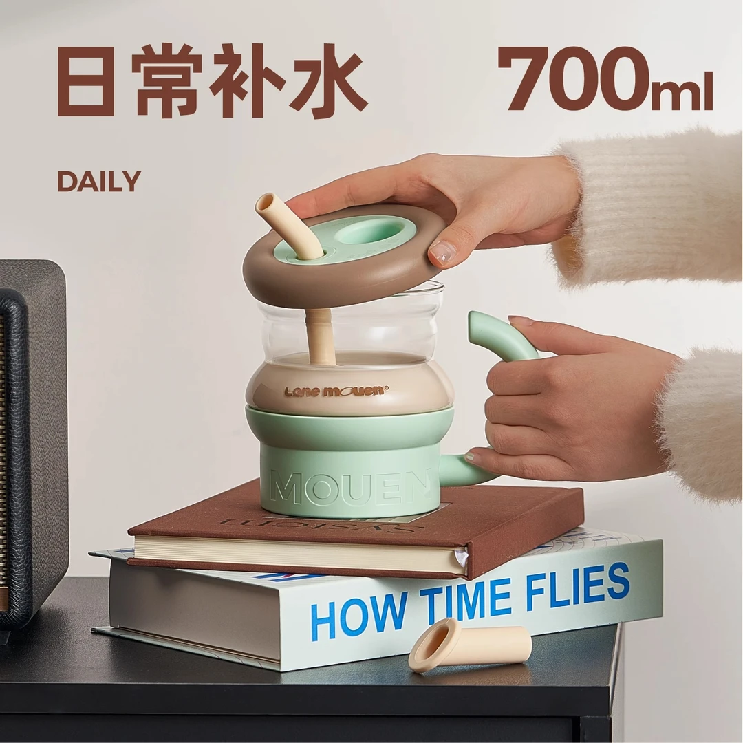 览萌Lane Mouen喵喵玻璃杯女生高颜值吸管杯大容量水杯耐高温杯子