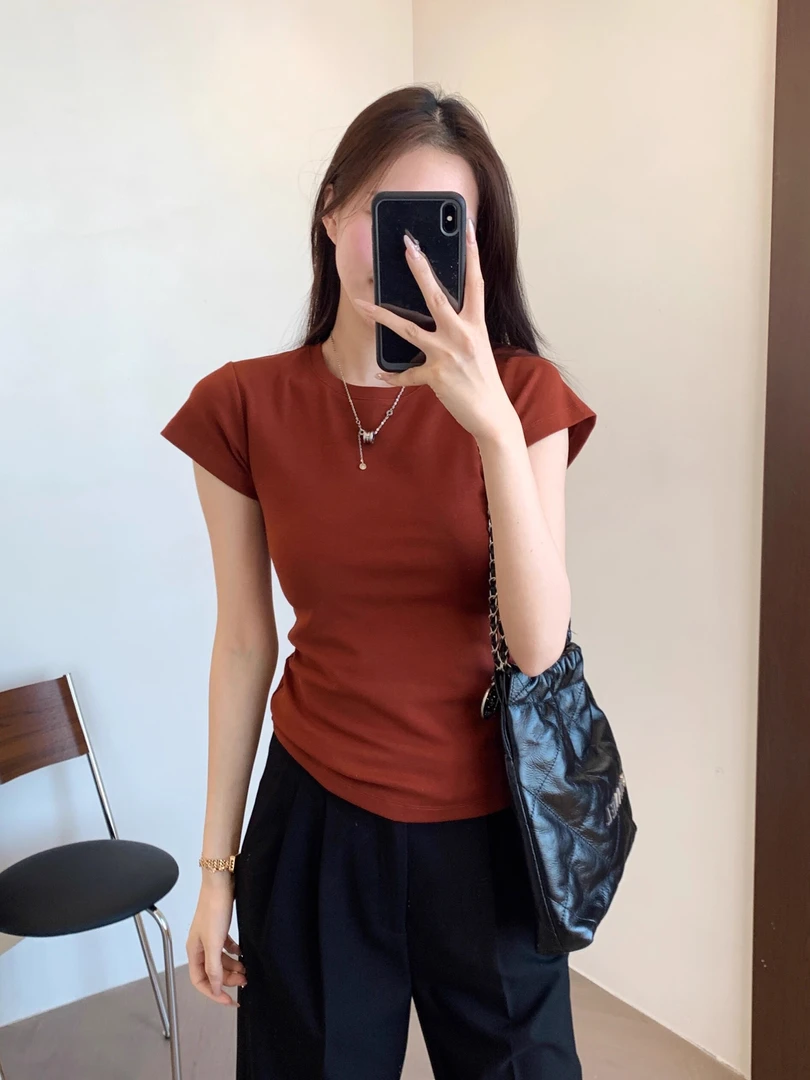 显瘦立体微收腰版型休闲小圆领飞袖纯色短袖T恤春夏女修身百搭