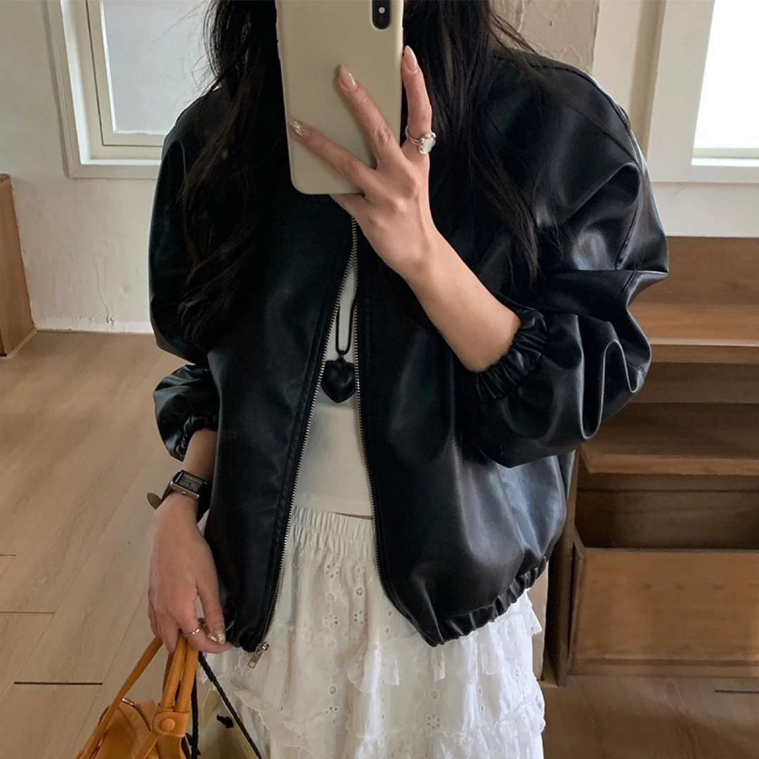 WANXIXI【城市漫游】PU皮机车服外套女2025早秋韩系休闲皮衣夹克