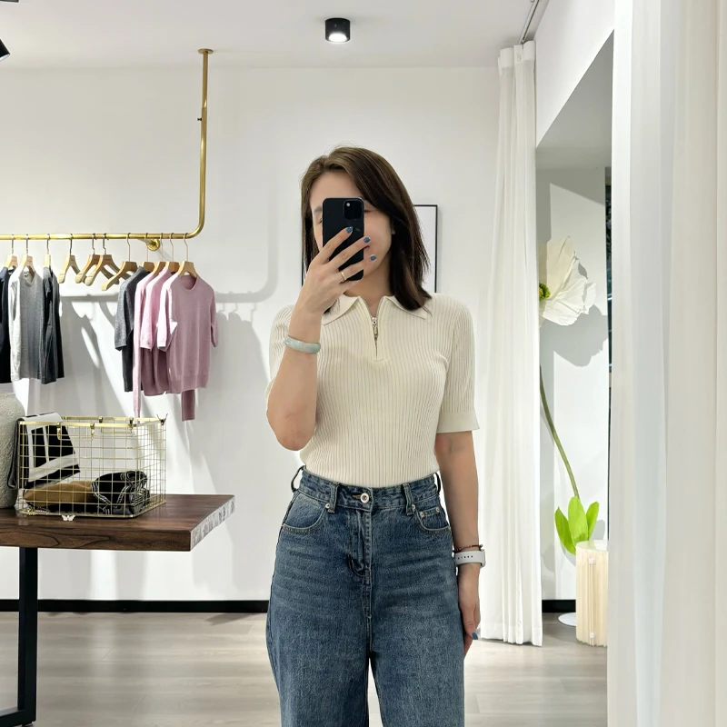 CENTERMERE丝绒春夏T恤领拉链短袖丝羊绒衫舒适柔软亲肤百搭毛衣