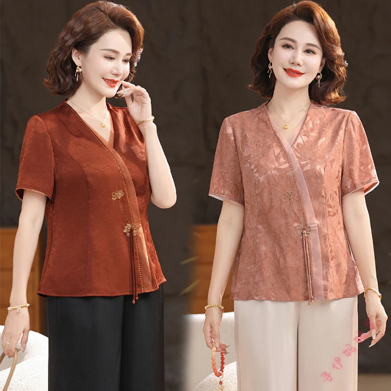 新款夏季时尚妈妈装短袖薄款国风小衫中老年女新中式洋气T恤衫女