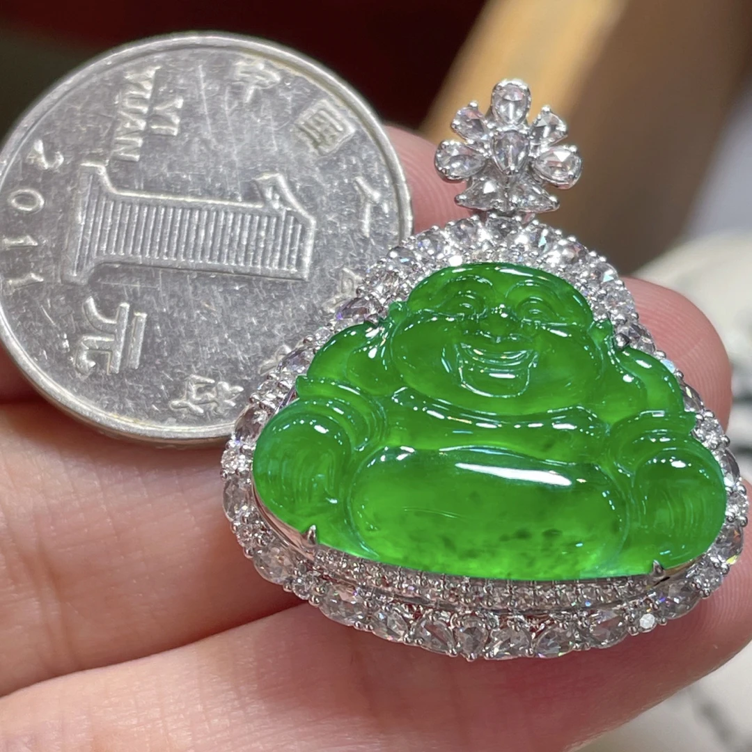 天然翡翠A货满绿佛公18k金镶嵌吊坠