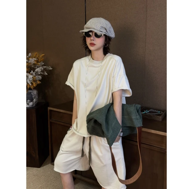 HY1987罗罗休闲毛圈棉套装纯棉T恤➕短裤宽松时尚百搭韩版设计感