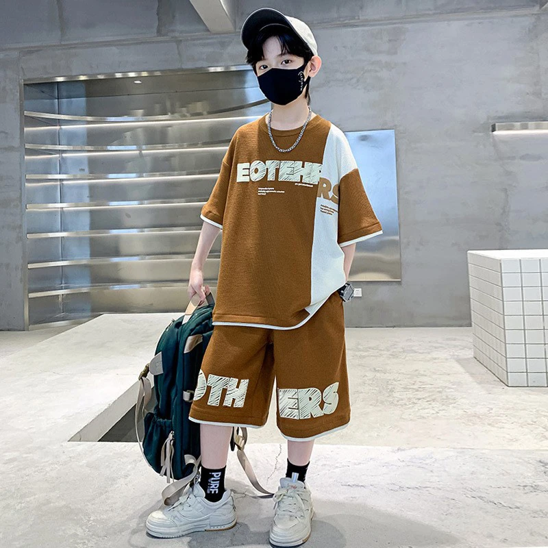 华夫格童装洋气短袖中大童男孩新款夏季套装夏装2024洋气拼接男童