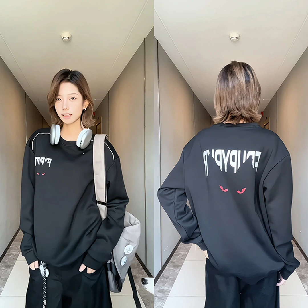 怪兽印花卫衣男秋季美式高街潮牌打底衫春秋款hiphop圆领长袖t恤