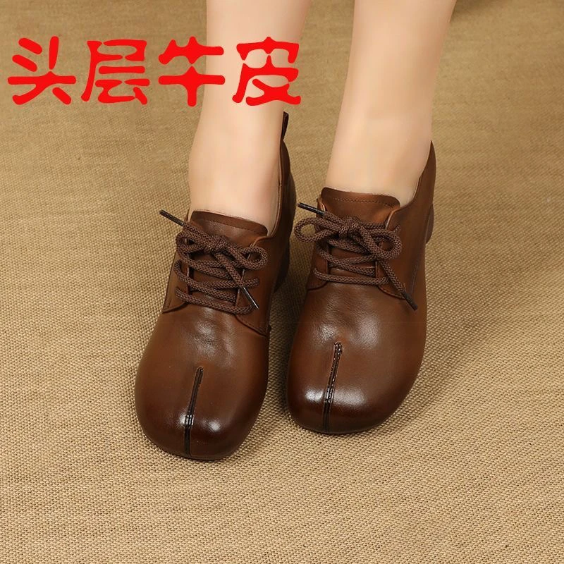 春季新款真皮女鞋百搭复古全牛皮高跟妈妈单鞋休闲粗跟软底小皮鞋