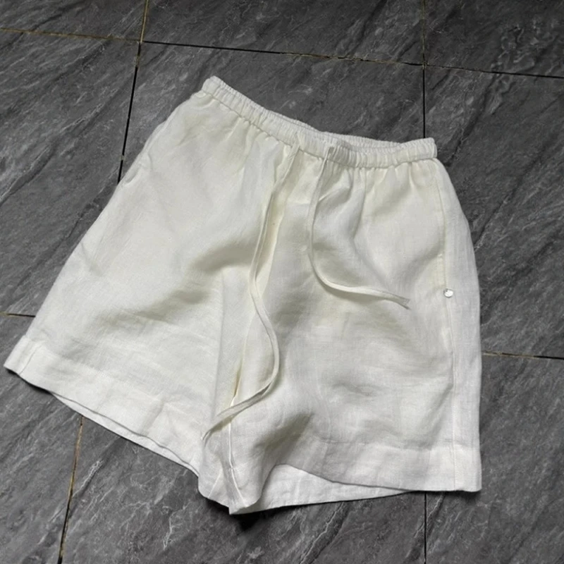 白色松紧腰抽绳简约风亚麻阔腿短裤女夏季薄款宽松休闲小个子裤子