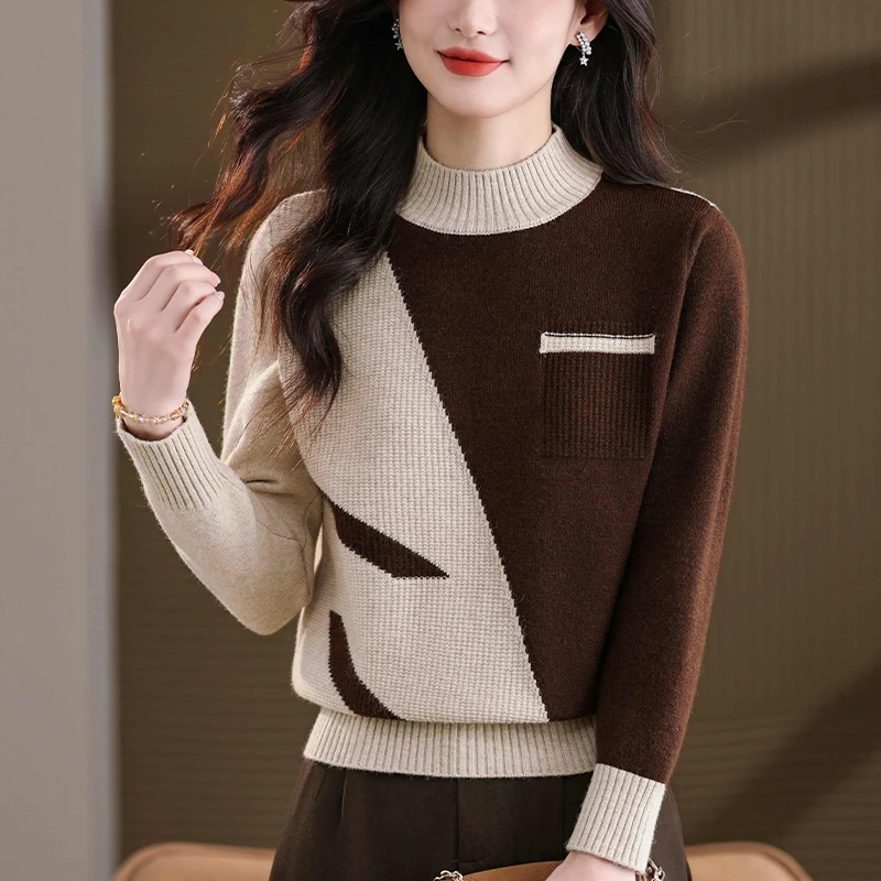 秋冬女装大码洋气时尚针织衫女宽松遮肚子显瘦拼色半高领打底毛衣