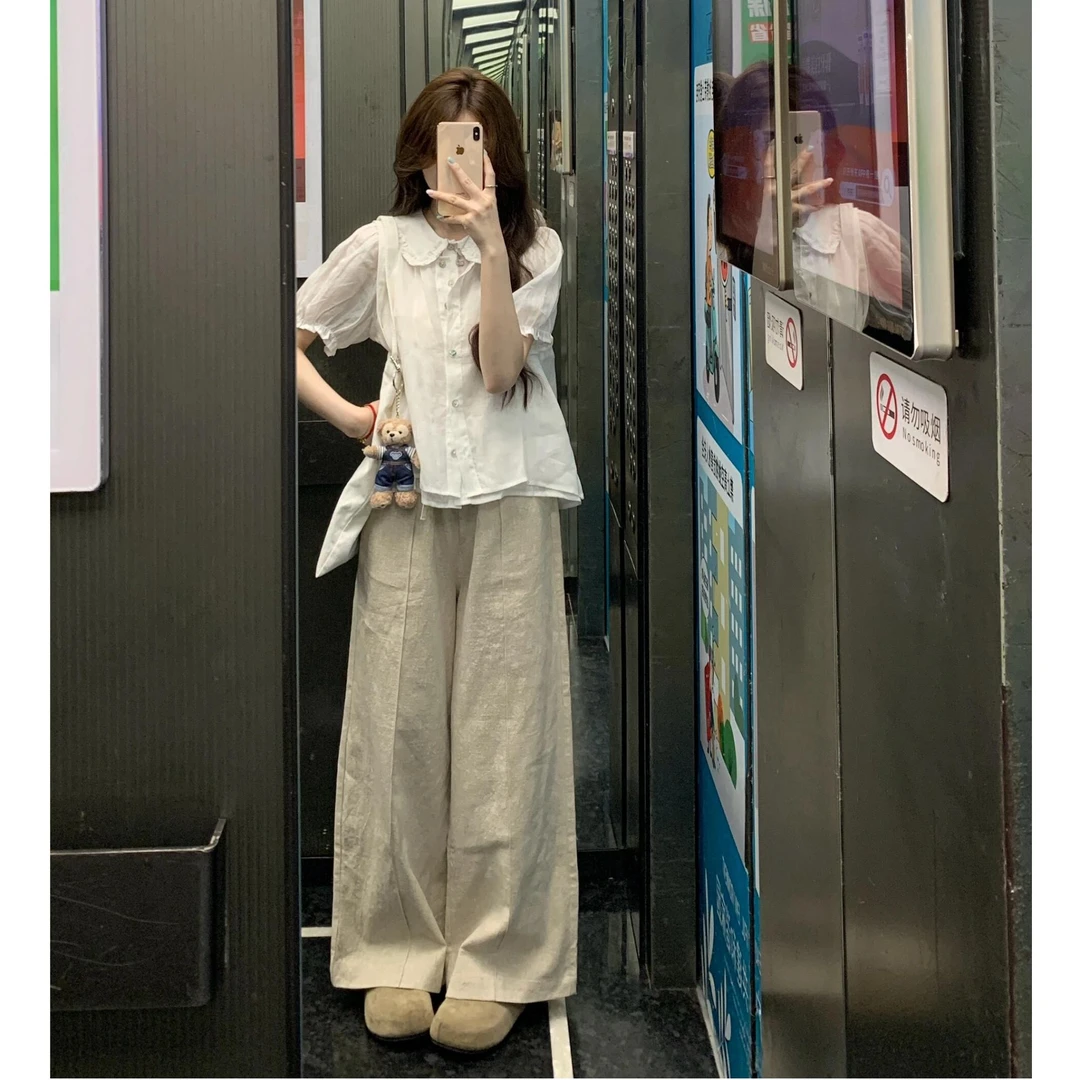 简约通勤简约少女风时尚套装夏季高腰裤子法式显瘦唐装时尚宽松