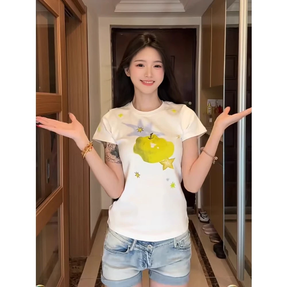 美式多巴胺绣花纯棉正肩短袖体恤衫女夏2025新款纯欲慵懒风女装