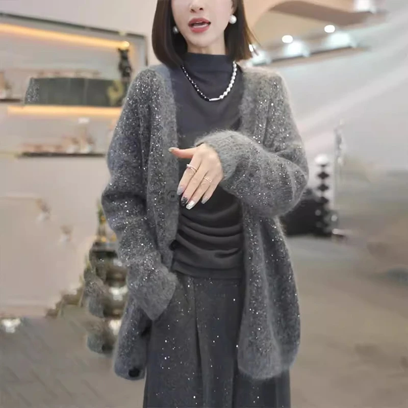 灰色重工毛衣开衫外套女秋冬慵懒风宽松加厚中长款亮片针织上衣