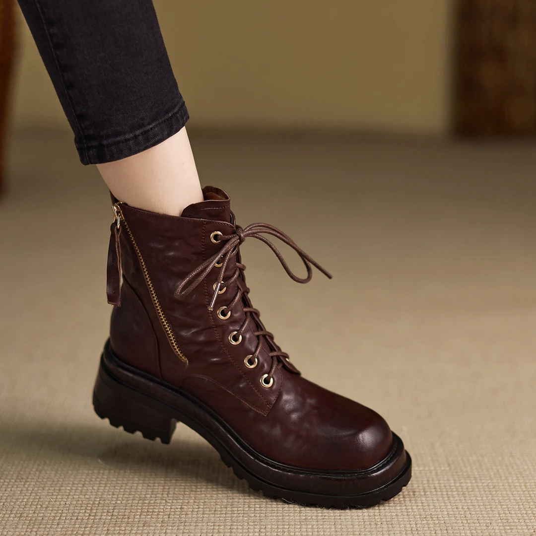 小个子手工女鞋6.5cm~高筒厚底马丁靴圆头粗跟不累脚保暖加绒短靴