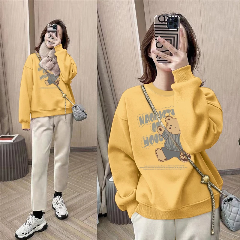 圆领套头打底衫加绒加厚卫衣女2025秋冬新款宽松韩版外套春秋薄款