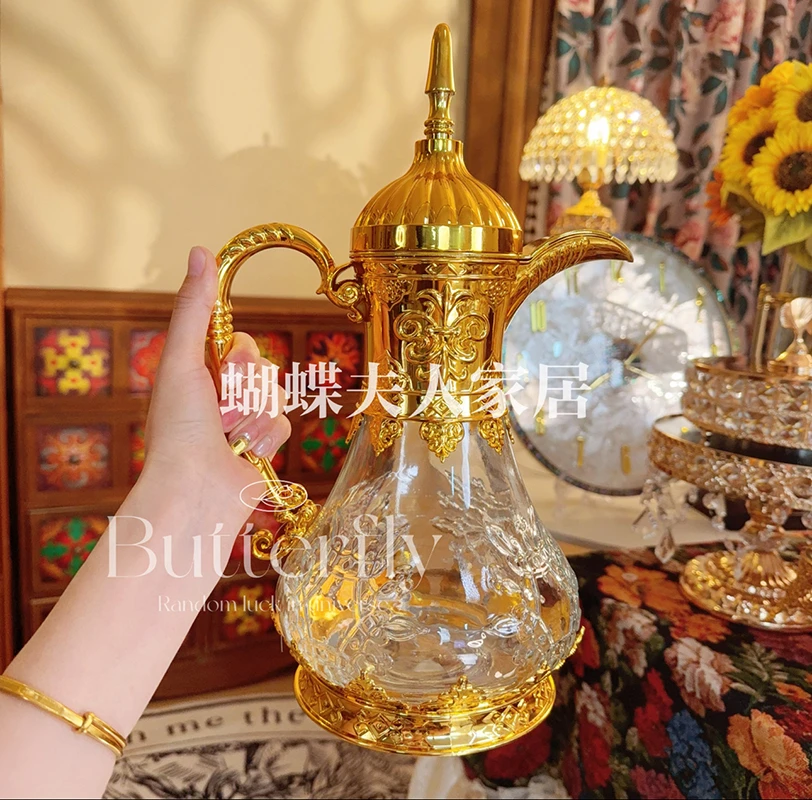 高级简约复古玻璃冷水壶凉水壶欧式轻奢风家居装饰茶水壶镀金水壶
