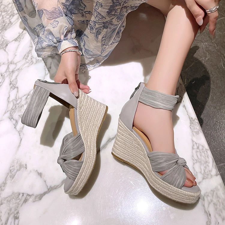 手工女鞋9cm~2025夏季新款牛皮网纱防水台坡跟女高跟露趾浅灰色女