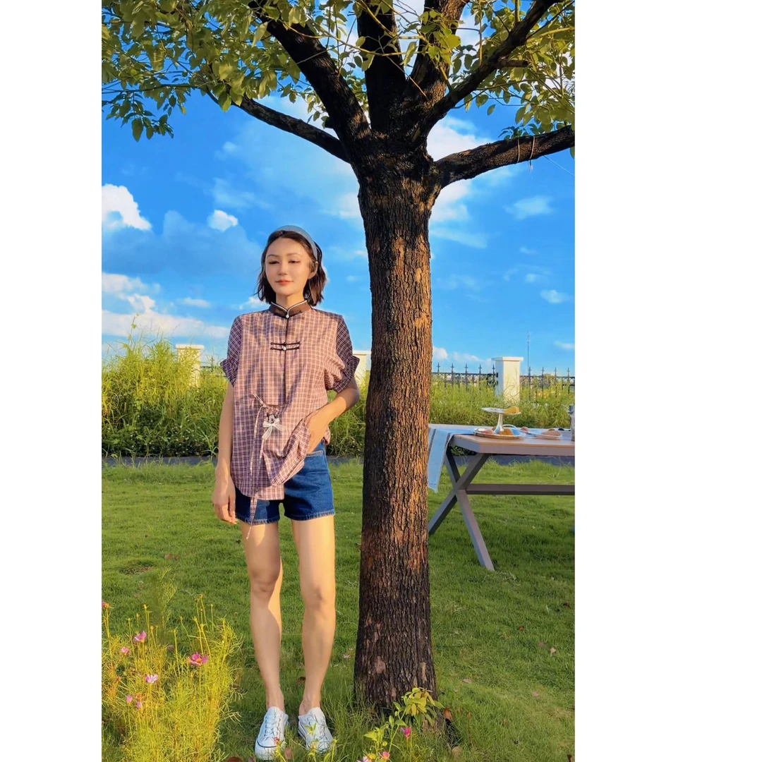 【图雅】【原创设计】蒙式松弛感休闲酷帅高街格纹米奇刺绣短袖衬衣