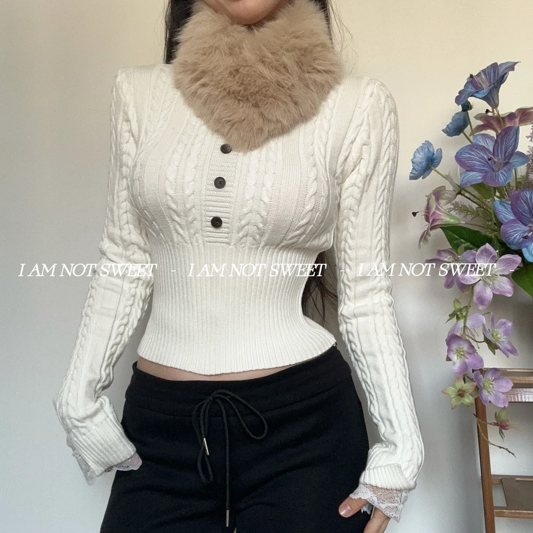 【花花不甜】暖冬少女 秋冬复古麻花针织收腰带毛领显瘦毛衣打底