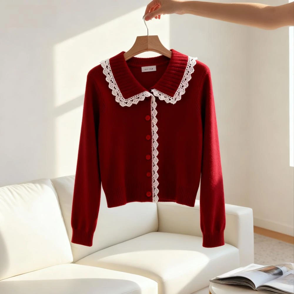 洋气小香风安可拉红翻领针织衫女装秋冬季新款宽松百搭长袖小开衫