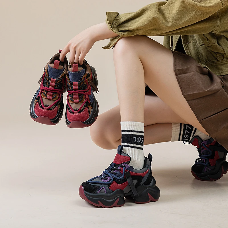 真皮老爹鞋女秋冬新款百搭真皮加绒欧洲站厚底小个子复古运动鞋潮